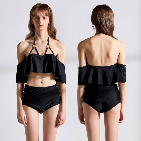 

womens swimwear ruffled bikini off shoulder high waist swimsuit two piece bathing suit halter solid black bikini swimwear