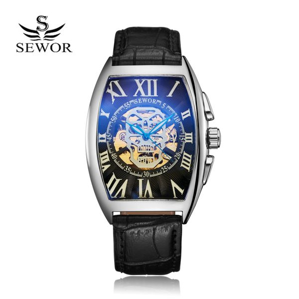 

sewor mens watch automatic mechanical hollow skull mens watch leather strap watch, Slivery;brown