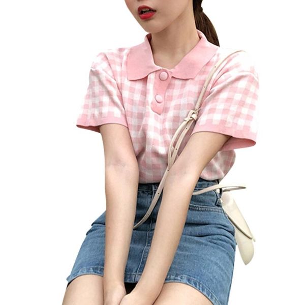 

women short sleeve plaid knit ladies summer fashion for shopping travel party, White;red