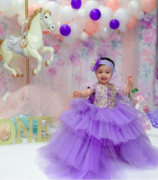

puffy flowers girls dresses purple tiered ruffles gold appliques floor length kids teens pageant gowns birthday party dress for wedding, White;blue