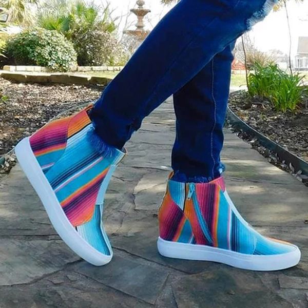 

women's wedge colorful striped vulcanize shoes fashion zip increase within zapatos de mujer new fashion for girl, Black