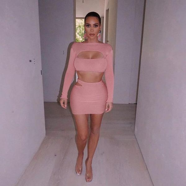 

kgfigu 2020 new arrival pink color solid long sleeve casual women stretch fabric 2 piece outfits, Gray