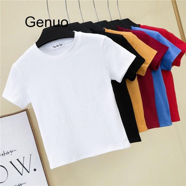 

crop t-shirt female solid cotton o-neck short sleeve t-shirts for women high waist slim short sport blanc femme t-shirt, White