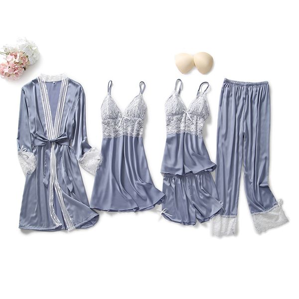 

5 pieces negligee bridesmaid robe pajamas set lace satin sleepwear sets women pink nightgowns kimono bathrobe nightwear, Black;red