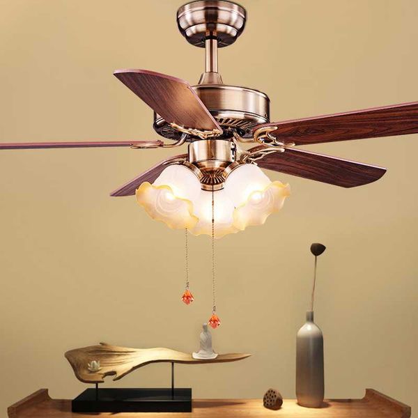 

led retro ceiling fan light nordic simple dining room living room fan light loft personality creative solid wood lamp