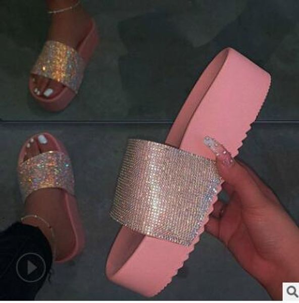 

explosive one-word rhinestone slippers women 2020 summer sponge cake platform large size ladies sandals, Black