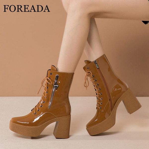 

foreada platform super high heel ankle boots woman boots zip block heel short lace up square toe female shoes black yellow