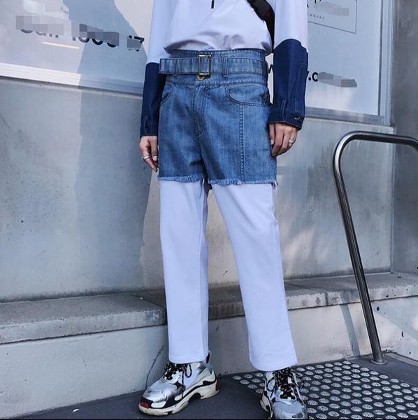 

spring fake two jeans men's straight korean version of the fashion personality splicing broad leg long trousers, Blue