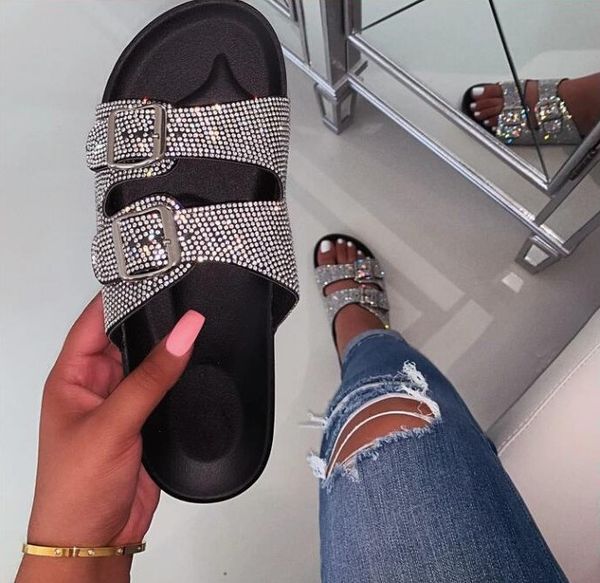 

women crystal buckle slippers woman shoes summer glitter casual flat slippers female fashion shoes ladies footwear, Black