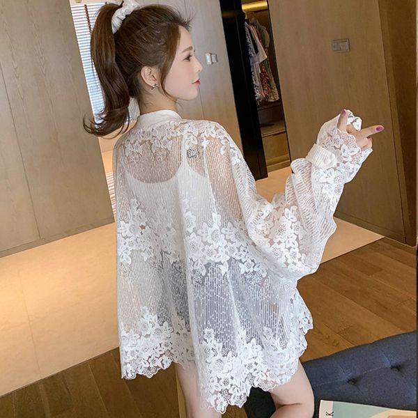 

summer lace jacket women plus size parka casual femal coat hollow out embroidery floral women elegant coat loose outwear, Black;brown