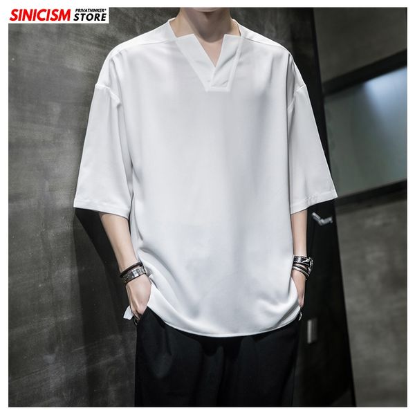

sinicism store solid summer t-shirts men 2020 cotton linen mens tshirts white casual v-neck male half sleeve t shirts oversized, White;black