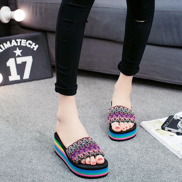 

women slippers sandals summer beach sandals female ladies home slipper high wedge heels fashion leopard striped, Black