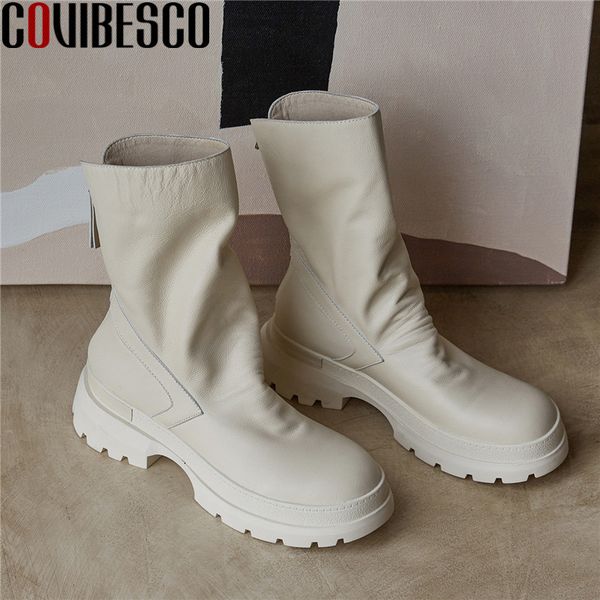 

covibesco fashion pleated platform women mid-calf boots genuine leather round toe chunky heels pumps wedding shoes woman heels, Black