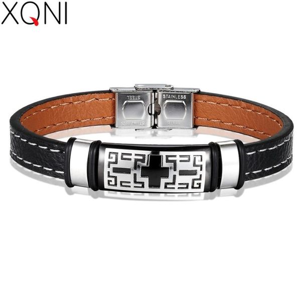 

xqni stainless steel bracelet maze code hollow design genuine leather bracelet double layer 3 colors accessories for gift, Red;blue
