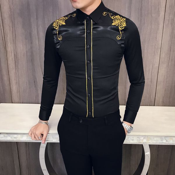 

luxury gold embroidered shirt 2020 korean men's slim long sleeve petticoat camisa masculina fashion men's social club prom shirt, White;black