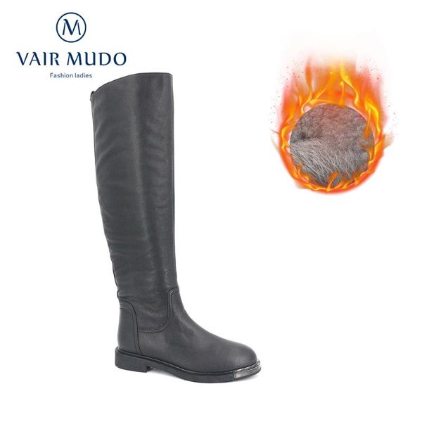 

vair mudo winter women knee high boots for thin legs long boots women's winter warm shoes genuine leather boot zt21, Black