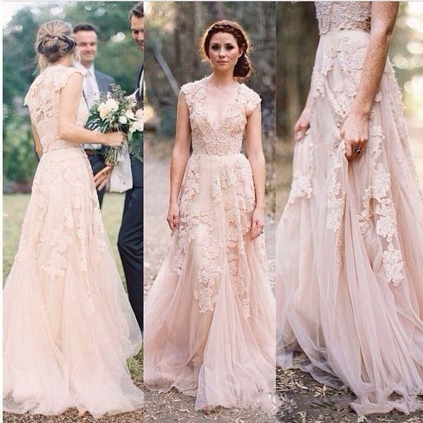 Boho Allık Pembe Narin Dantel Bir Çizgi Gelinlik 2022 Derin V Boyun Romantik Reem Acra Tül Gelinlikler Vintage Ülke Bahçe Uzun Gelin Resepsiyon Elbiseler