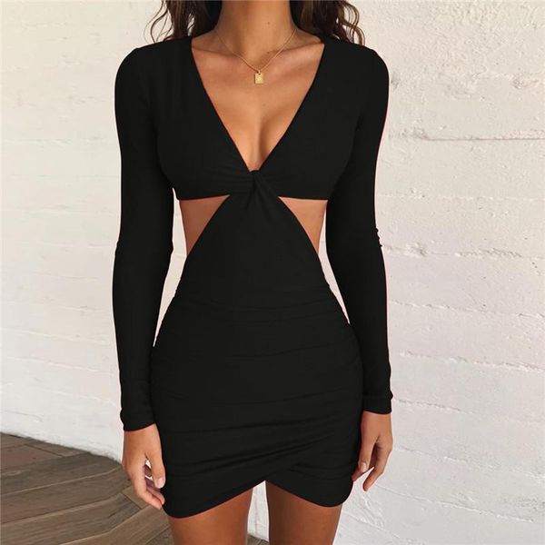 

hollow out asymmetrical dress casual deep v neck long sleeve dresses women clothes women dresses sexy, Black;gray