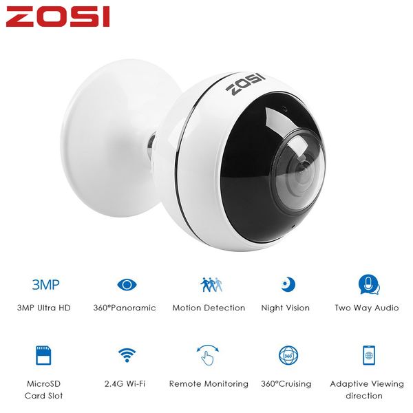 

3MP Indoor Wireless 360 Degree Panoramic IP Security Camera WiFi Camera Motion Alarm Two Way Audio IR Night Vision TF Slot