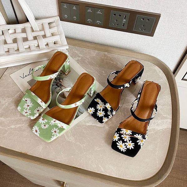 

women sandals slippers pumps narrow band design flower design thick mid heels slippers slides summer high heels slides shoes, Black