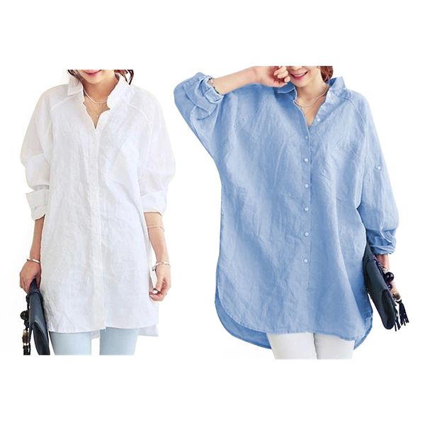 

women's blouses & shirts women casual loose cotton linen blouse office lady elegant long sleeve shirt, White