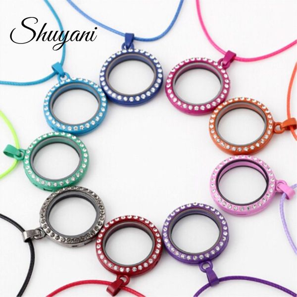 

1pcs 25mm round colorful floating locket with rhinestone glass memory living floating charms locket necklace women with chain, Silver