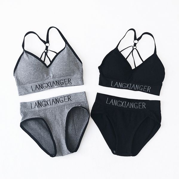 

cotton bra briefs set for women seamless lingerie with padded bralette soft push up active bra plus size xl sports underwear #d, Red;black