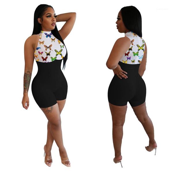 

печатные контрастные цвета без рукавов колен rompers casual женской одежды летней женской дизайнер комбинезоны тонкого бабочка, Black;white