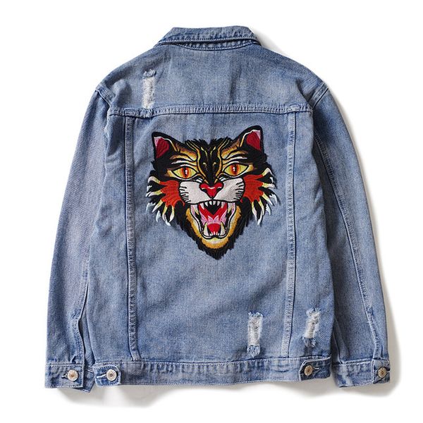 

embroidered tiger head loose denim jacket men 2020 fashion autumn long sleeve vintage ripped korean hip hop streetwear jeans coat women, Black;brown