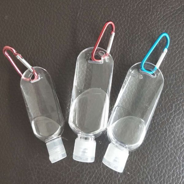 

30ml 50ml 60ml empty refillable bottle with keyring keychain hook clear transparent plastic hand bottle container