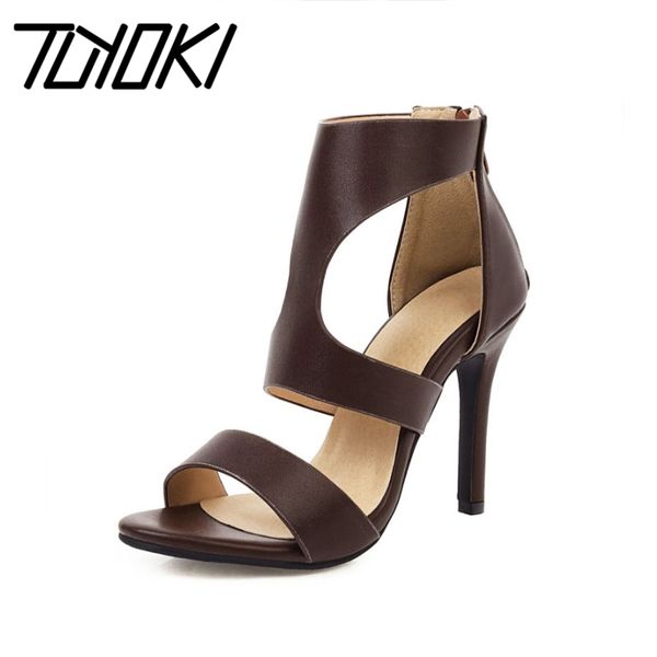 

tuyoki fashion women sandals shoes modern thin high heels solid color shoes women peep toe back zipper footwear size 32-45, Black