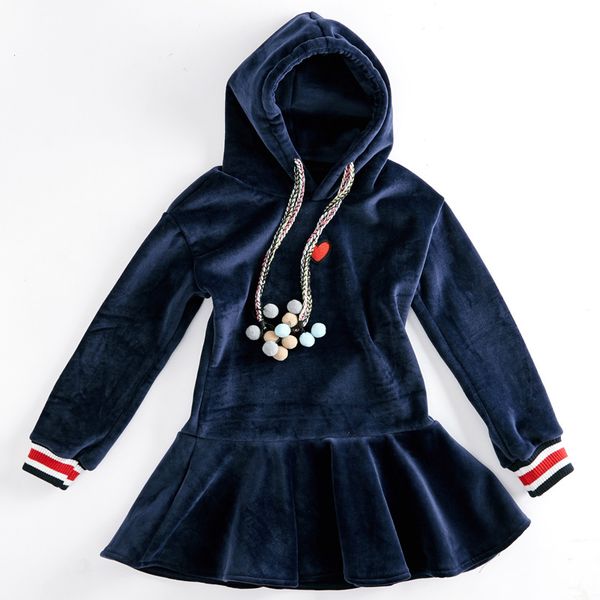

4-14y teenager winter warm girls hooded sweater ruffle dresses plus velvet christmas dress for kids girls casual dress clothes, Red;yellow