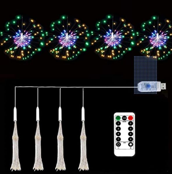 Kupferdraht-Feuerwerkslichter, USB, 4 Stück, 320 LED-Lichterkette, 8 Muster, Starburst-Licht, geeignet für Innendekoration, Lichterkette zum Aufhängen