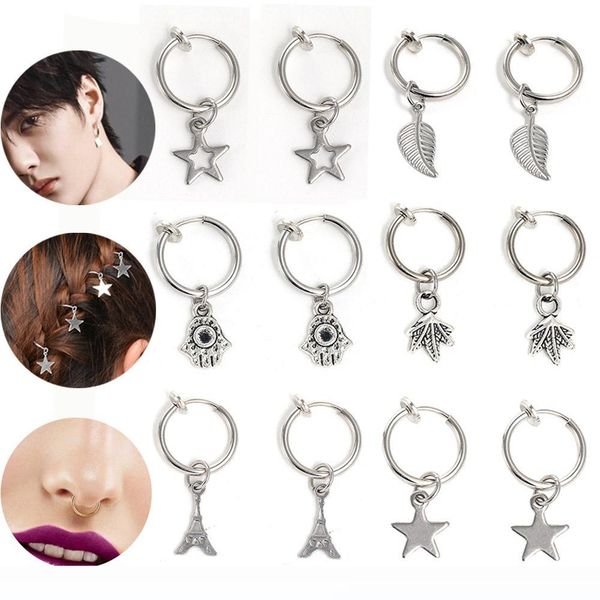 

1pair men women stealth fake piercing earrings punk hip hop style cuff spring clip helix ring hoop pendants cartilage earrings, Silver