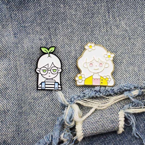 

cartoon cute girls brooches leaf flower straight hair curly hair girl enamel pins for women men fashion jewelry gift lapel denim jeans badge, Gray