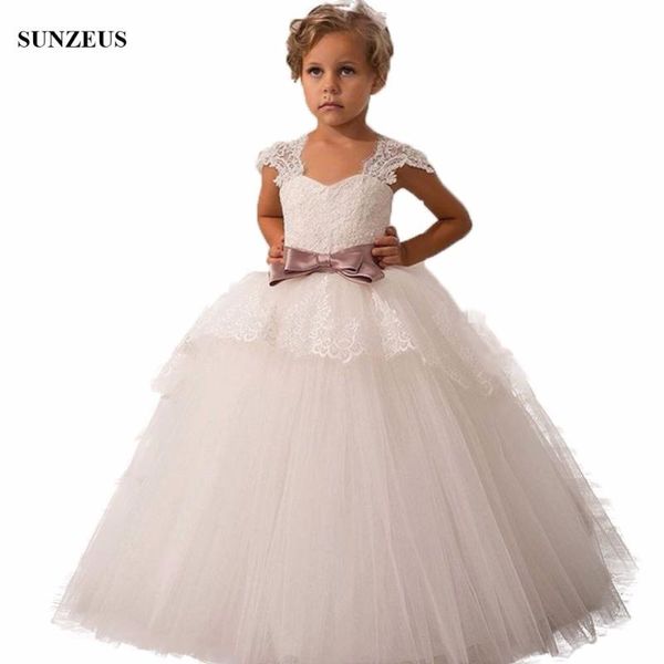 

ivory tulle ball gown flower girl dress with bow appliques lace cap sleeve long girls party gowns for wedding flg071, Red;yellow