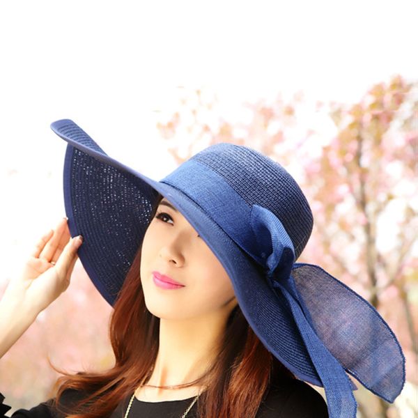 

maxsiti u the summer paper straw wide brim bowknot steamer breathable sun hat women holiday beach paf1, Blue;gray