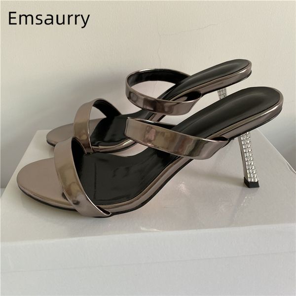 

jeweled crystal thin heel party shoes woman bright genuine leather narrow band open toe high heel women slippers, Black