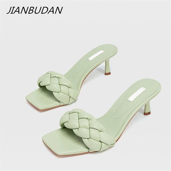 

jianbudan 2020 new design weave women slipper ladies thin heels sandal open toe summer outdoor slides female flip flop shoes, Black