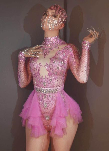 Женские комбинезоны, модные розовые стрейч-боди из спандекса со стразами, женские комбинезоны для певиц, танцовщиц, вечерние, показные, сценические, Wea289v