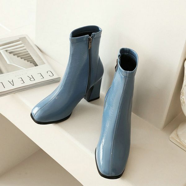 

2020 new pu leather women ankle boots square high heel ladies shoes fashion square toe zipper women boots autumn winter shoes, Black