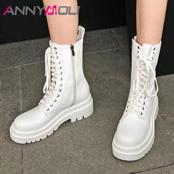 

annymoli motorcycle boots women shoes real leather platform high heel boots zip lace up mid calf lady autumn winter beige, Black