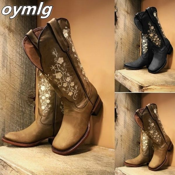 

autumn winter women's fashion vintage long boots causal embroidery leather boots low heel west cowboy style tall women, Black