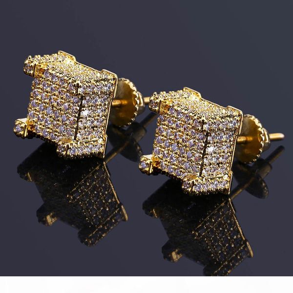 

hip hop iced out 14k gold plated stud earrings square micro-mosaic zircon earrings for men women party gifts, Golden;silver