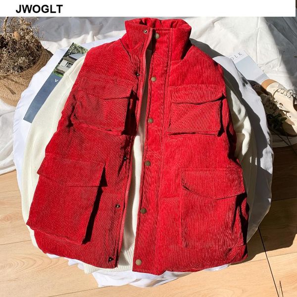 

men's vests autumn winter fashion corduroy mens sleeveless vest with many pockets coats men red black khaki thicker waistcoat, Black;white