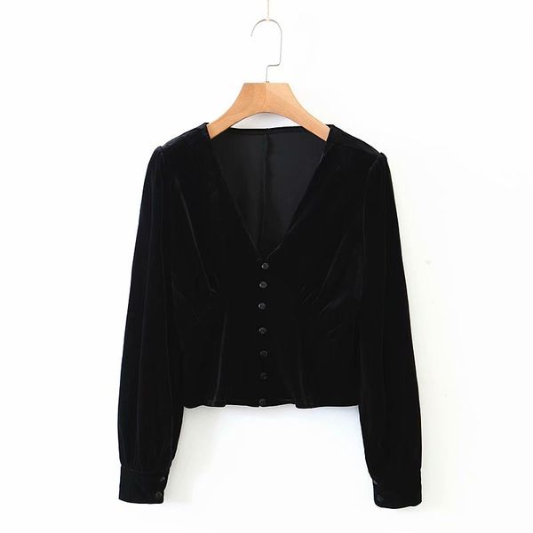 

2020 v neck women's blouses shirts clothing street style velvet black long sleeve shirt single-breasted v-neck short style jacket, White