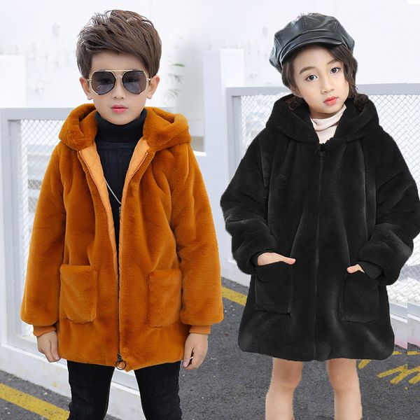 

kids winter thicken faux fur overcoat boys girls hooded windproof coat children winter cotton-padded jacket 1-11yrs warm clothes, Blue;gray