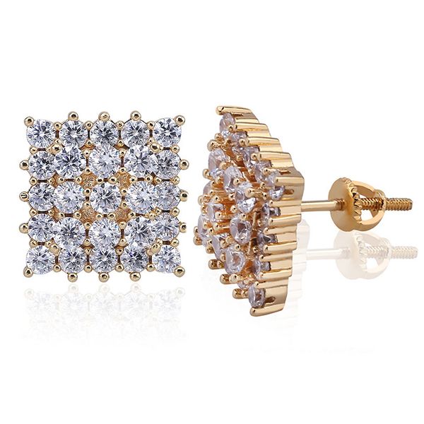 

8-14mm 18k gold hiphop cubic zirconia square round stud iced out earrings for men women bling diamond earrings studs rapper jewelry for sale, Golden;silver