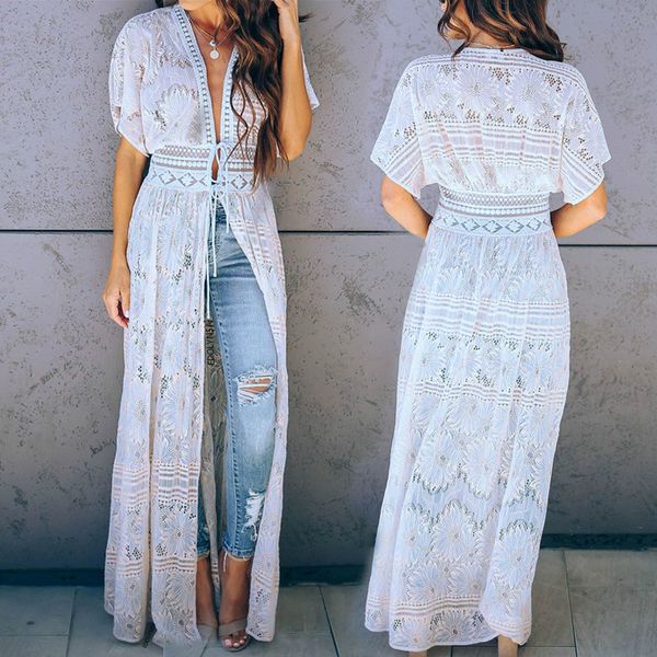 

2020 elegant deep v-neck short sleeve high waist front open summer beach dress plus size women beachwear white lace tunic n901, Black;gray