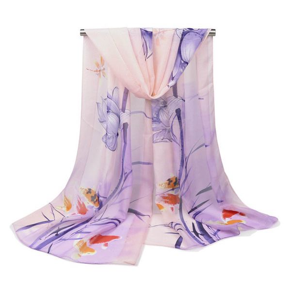 

woman scarf new arrival 2020 summer thin silk scarf wild chiffon lotus print chiffon shawl beach towel scarves for ladies, Blue;gray